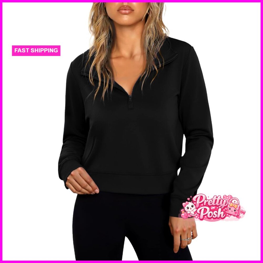 Half Zip Cropped Sweatshirt Lapel Collar Long Sleeve Casual Top